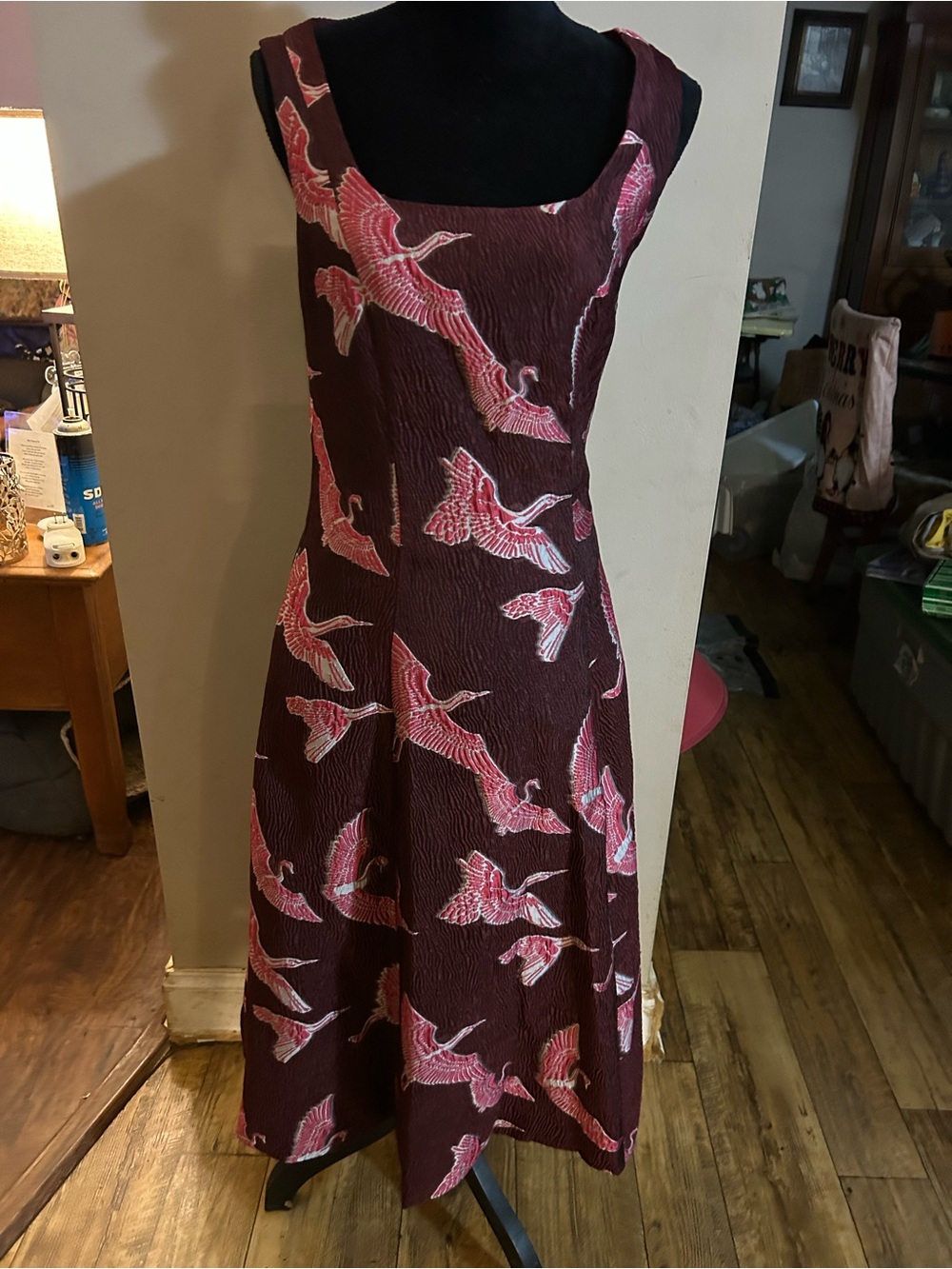 Trina Turk Sleeveless Midi Dress in Burgundy with Pink Crane Print
